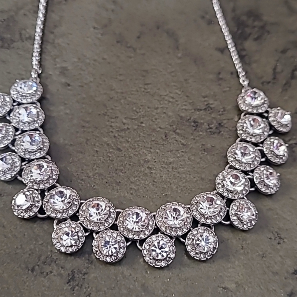 CHARTER CLUB Silver Tone Bib Necklace with 2 Rows of Round Crystals
